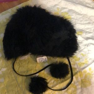 Vintage  Fur Bonnet Hat Pom Pom -Black